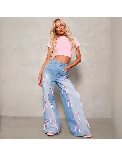 Replica Sweet Gradient Ribbon Bow Wide Leg Jeans #802141 $48.67 USD for Wholesale