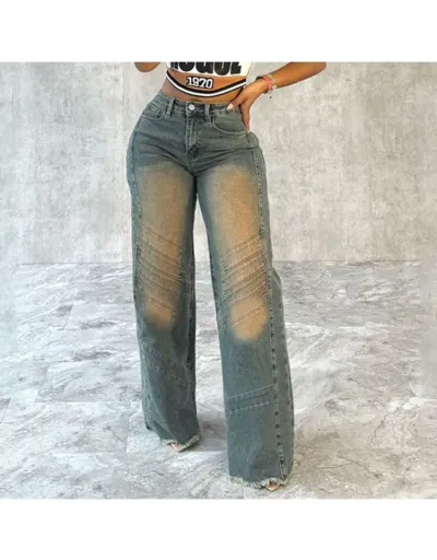 Contrast Color Wide Leg Raged Hem Low Rise Jeans #802142 $47.43 USD, Wholesale Fashion Jeans