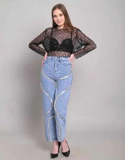 Replica Embellished Denim Straight High Rise Jeans #802144 $88.05 USD for Wholesale