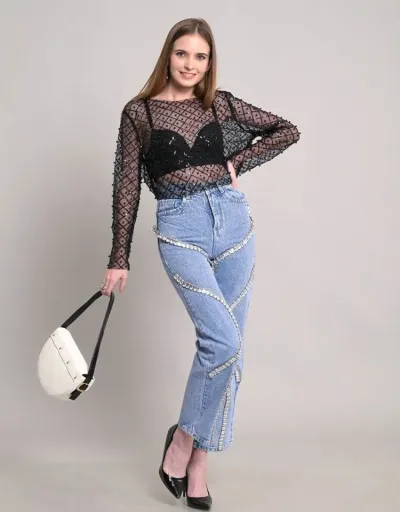 Replica Embellished Denim Straight High Rise Jeans #802144 $88.05 USD for Wholesale