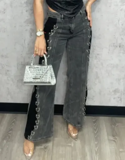 Replica Colorblock Metal Ring Denim Flared Jeans #802145 $61.95 USD for Wholesale