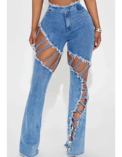 Frayed Denim Hollow-out Raged Hem Jeans #802148 $92.88 USD, Wholesale Fashion Jeans