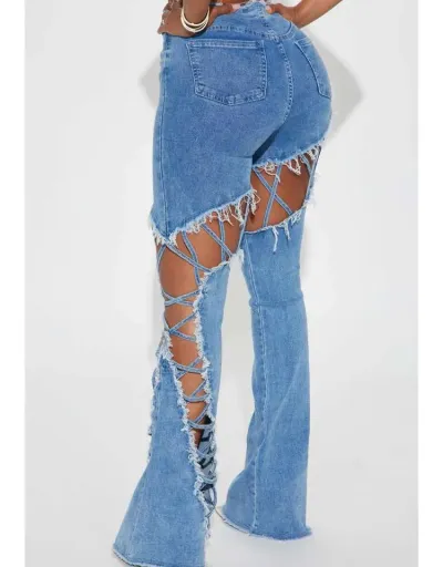 Replica Frayed Denim Hollow-out Raged Hem Jeans #802148 $92.88 USD for Wholesale