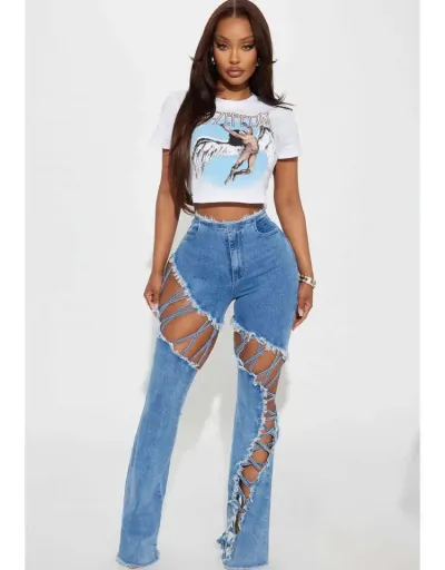 Replica Frayed Denim Hollow-out Raged Hem Jeans #802148 $92.88 USD for Wholesale