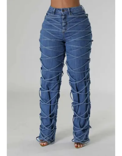 Tie-wrap Denim Patchwork High Rise Jeans #802151 $86.24 USD, Wholesale Fashion Jeans