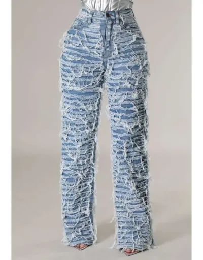 Ripped Fuzzy Trim High Rise Denim Jeans #802154 $94.73 USD, Wholesale Fashion Jeans