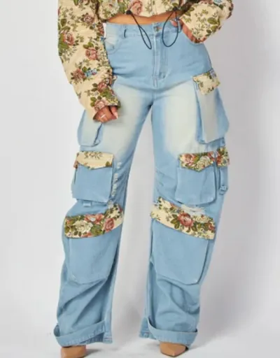 Floral Denim Multi Pocket Cargo Jeans #802155 $91.00 USD, Wholesale Fashion Jeans