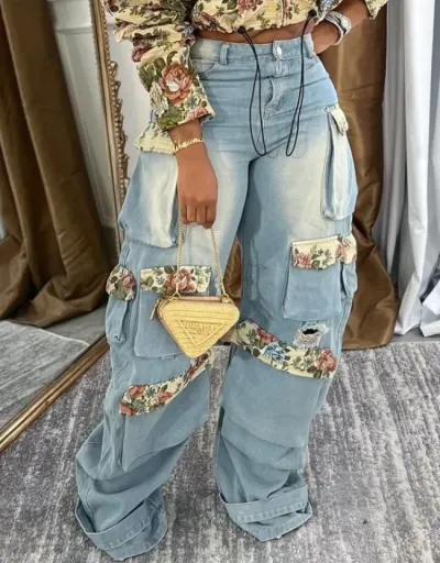 Replica Floral Denim Multi Pocket Cargo Jeans #802155 $91.00 USD for Wholesale