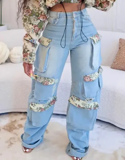 Replica Floral Denim Multi Pocket Cargo Jeans #802155 $91.00 USD for Wholesale