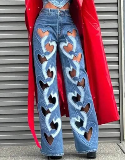 Hollow-out Embroidery Heart Denim Jeans #802156 $86.99 USD, Wholesale Fashion Jeans