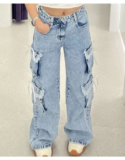 Replica Denim Lacework Multi Pocket Cargo Jeans #802163 $80.83 USD for Wholesale