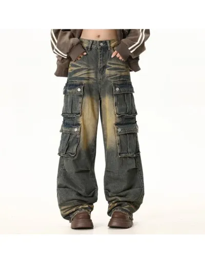 Ruched Denim Multi Pocket Cargo Wide Leg Jeans #802166 $98.31 USD, Wholesale Fashion Jeans