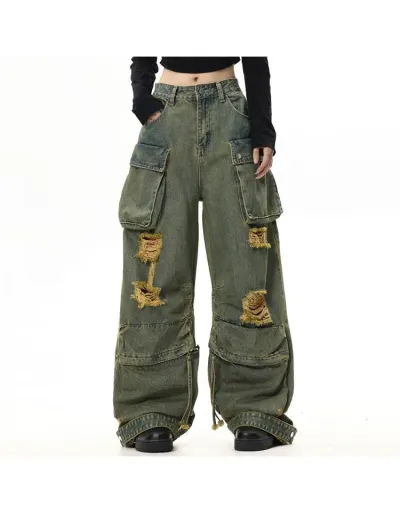 Ripped Washed Denim Cargo Pocket Jeans #802167 $94.42 USD, Wholesale Fashion Jeans