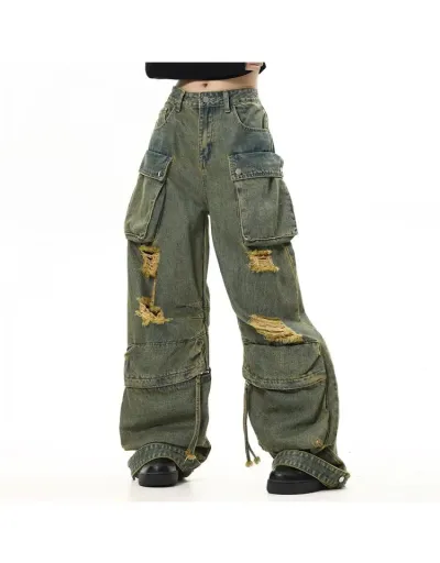 Replica Ripped Washed Denim Cargo Pocket Jeans #802167 $94.42 USD for Wholesale