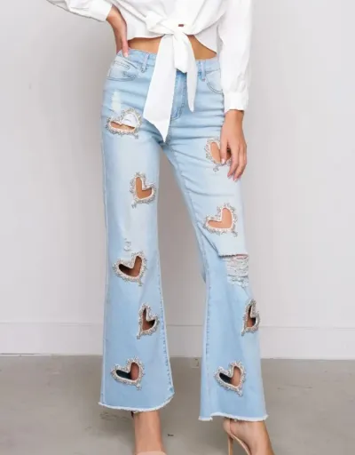 Heart Embellished Hollow-out Wide Leg Jeans #802169 $100.67 USD, Wholesale Fashion Jeans