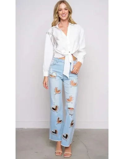 Replica Heart Embellished Hollow-out Wide Leg Jeans #802169 $100.67 USD for Wholesale