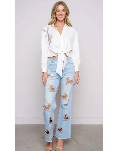 Replica Heart Embellished Hollow-out Wide Leg Jeans #802169 $100.67 USD for Wholesale