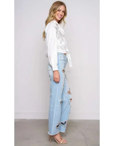 Replica Heart Embellished Hollow-out Wide Leg Jeans #802169 $100.67 USD for Wholesale