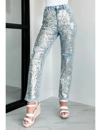 Ripped Denim Sequin Patchwork Jeans #802170 $91.31 USD, Wholesale Fashion Jeans