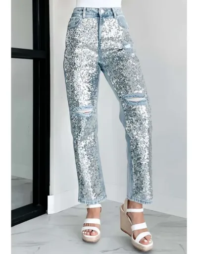 Replica Ripped Denim Sequin Patchwork Jeans #802170 $91.31 USD for Wholesale