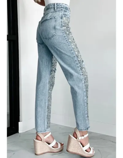 Replica Ripped Denim Sequin Patchwork Jeans #802170 $91.31 USD for Wholesale