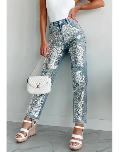 Replica Ripped Denim Sequin Patchwork Jeans #802170 $91.31 USD for Wholesale