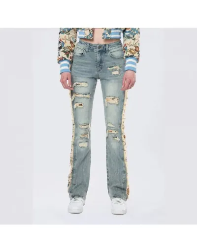 Floral Ripped Denim Fringe Lacework Jeans #802171 $89.85 USD, Wholesale Fashion Jeans