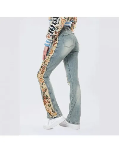 Replica Floral Ripped Denim Fringe Lacework Jeans #802171 $89.85 USD for Wholesale