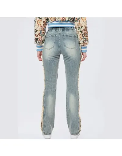 Replica Floral Ripped Denim Fringe Lacework Jeans #802171 $89.85 USD for Wholesale