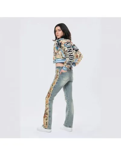 Replica Floral Ripped Denim Fringe Lacework Jeans #802171 $89.85 USD for Wholesale