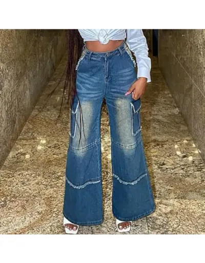 Vintage Denim Fuzzy Trim Wide Leg Jeans #802172 $85.21 USD, Wholesale Fashion Jeans