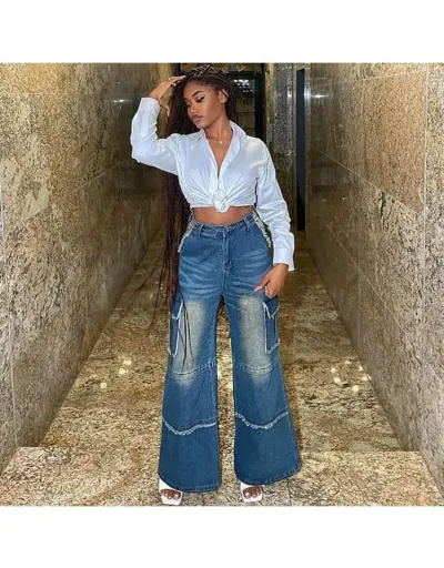 Replica Vintage Denim Fuzzy Trim Wide Leg Jeans #802172 $85.21 USD for Wholesale