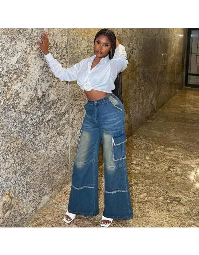 Replica Vintage Denim Fuzzy Trim Wide Leg Jeans #802172 $85.21 USD for Wholesale