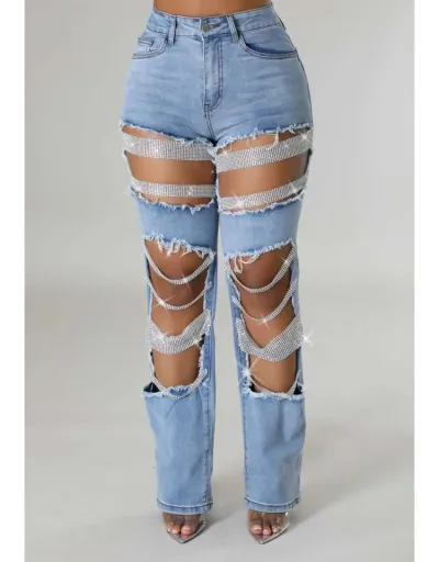 Rhinestone Hollow-out Denim Ripped Jeans #802174 $71.79 USD, Wholesale Fashion Jeans