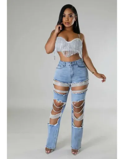 Replica Rhinestone Hollow-out Denim Ripped Jeans #802174 $71.79 USD for Wholesale