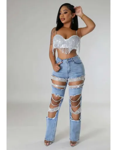 Replica Rhinestone Hollow-out Denim Ripped Jeans #802174 $71.79 USD for Wholesale