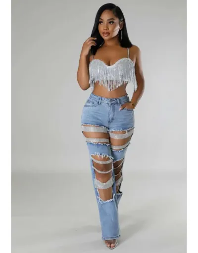 Replica Rhinestone Hollow-out Denim Ripped Jeans #802174 $71.79 USD for Wholesale