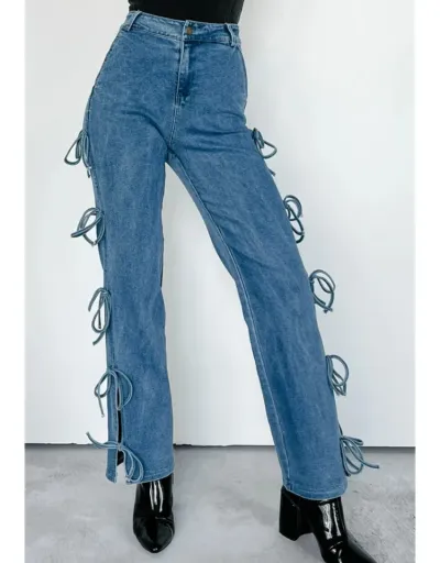 Denim Lace Up Bow Patchwork Straight Jeans #802178 $79.63 USD, Wholesale Fashion Jeans