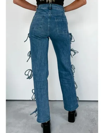 Replica Denim Lace Up Bow Patchwork Straight Jeans #802178 $79.63 USD for Wholesale