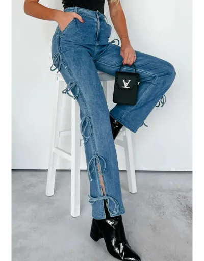 Replica Denim Lace Up Bow Patchwork Straight Jeans #802178 $79.63 USD for Wholesale