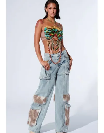 Replica Fluff Cargo Pocket Denim Wide Leg Jeans #802179 $109.77 USD for Wholesale