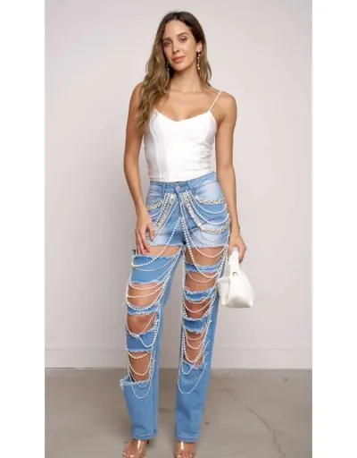 Replica Faux Pearl Rhinestone Chain Hollow-out Jeans #802181 $89.56 USD for Wholesale