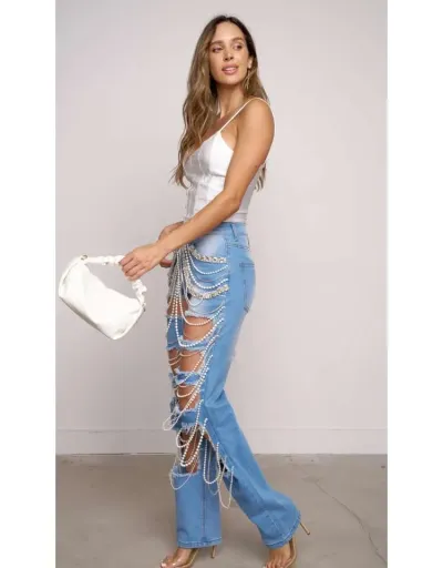 Replica Faux Pearl Rhinestone Chain Hollow-out Jeans #802181 $89.56 USD for Wholesale