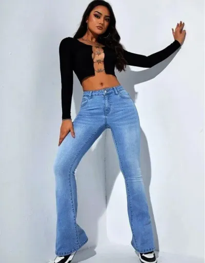 Replica Denim Patchwork High Rise Flared Jeans #802185 $44.21 USD for Wholesale