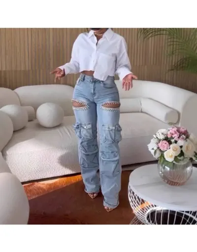 Hollow-out Hotfix Rhinestones Mid-rise Jeans #802188 $95.82 USD, Wholesale Fashion Jeans