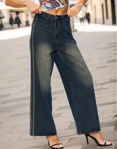 Replica Distressed Striped Trim Denim Straight Jeans #802190 $68.12 USD for Wholesale