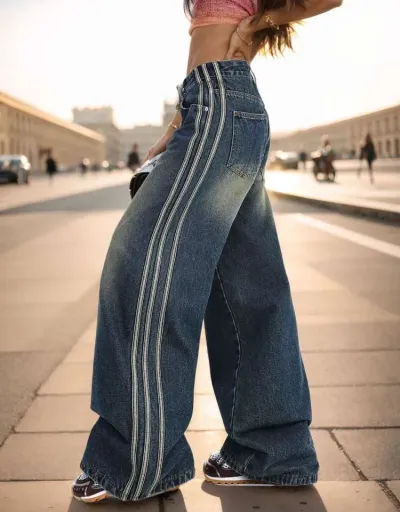 Replica Distressed Striped Trim Denim Straight Jeans #802190 $68.12 USD for Wholesale