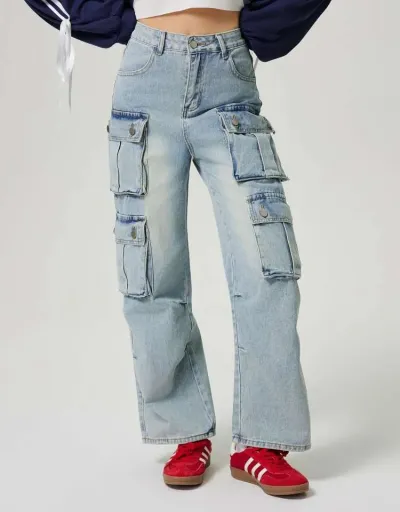 Distressed Multi Pocket Denim Cargo Jeans #802192 $74.20 USD, Wholesale Fashion Jeans