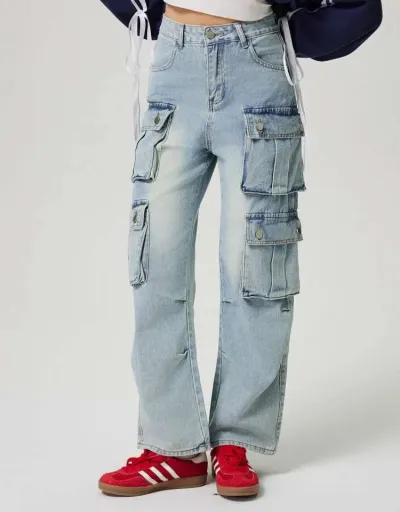 Replica Distressed Multi Pocket Denim Cargo Jeans #802192 $74.20 USD for Wholesale