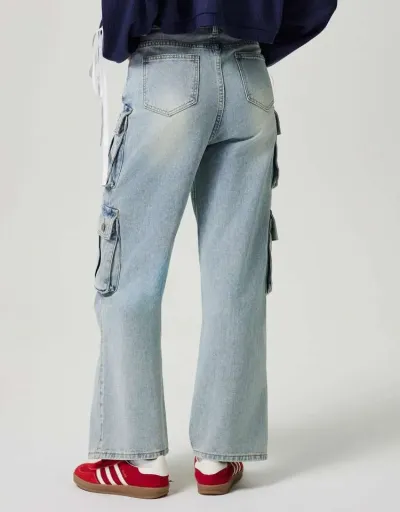 Replica Distressed Multi Pocket Denim Cargo Jeans #802192 $74.20 USD for Wholesale